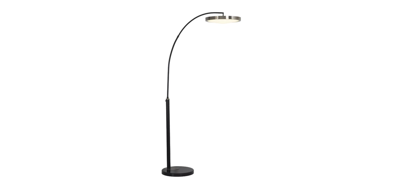 Redondo 1 Light LED Arc Floor Lamp - Matte Black Finish, Weathered Brass, Black Marble Base, Dimmer