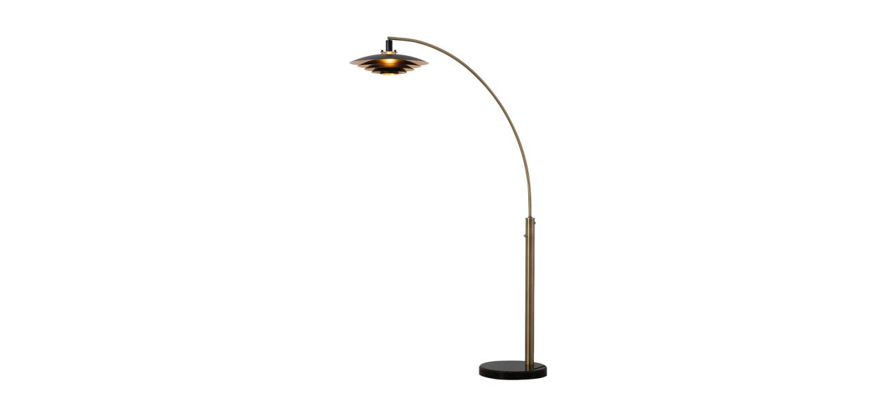Rancho Mirage 1 Light Arc Floor Lamp - 86", Weathered Brass finish, Matte Black & Gold Leaf Shade, Dimmer Switch, Marble base